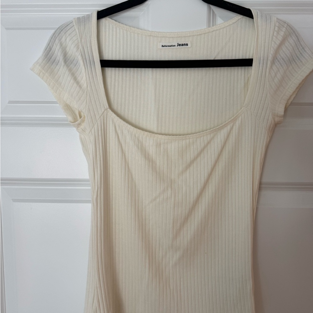Reformation Cream Ribbed Scoop-Neck Short Sleeve Top